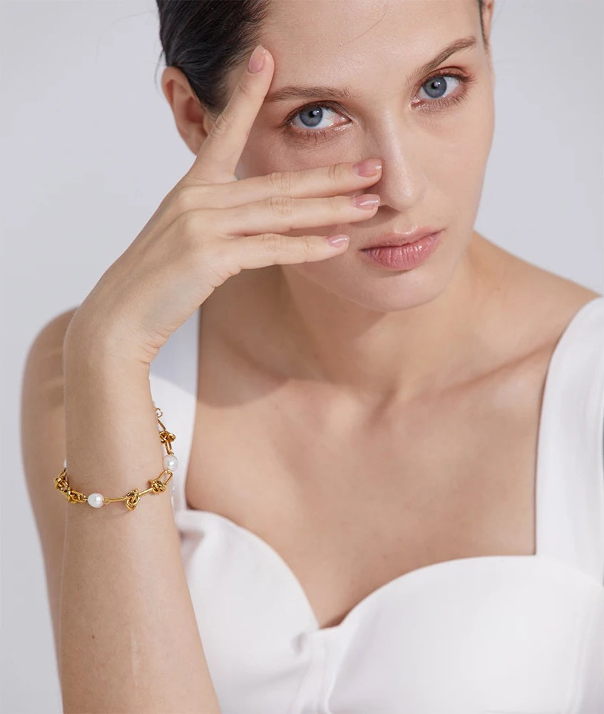 Natural pearl chain handmade necklace bracelet set - product image
