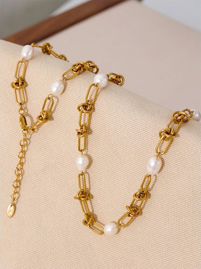 Natural pearl chain handmade necklace bracelet set - product image