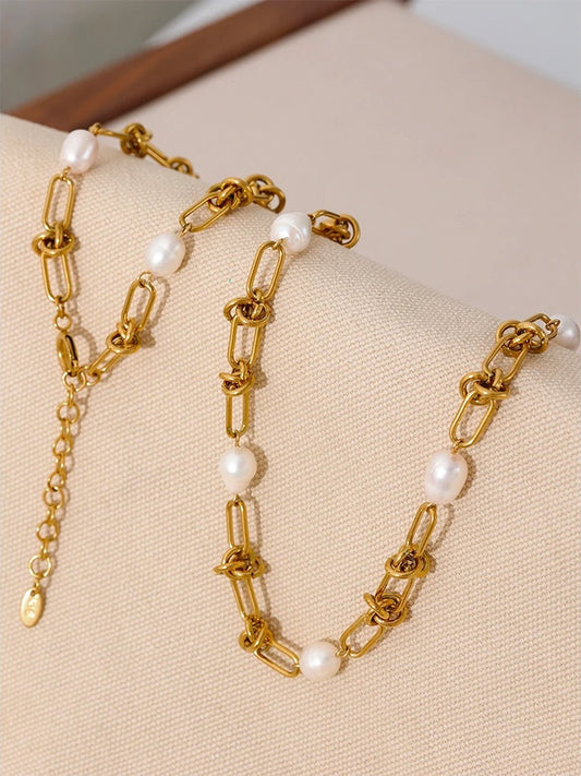 Natural pearl chain handmade necklace bracelet set - product image