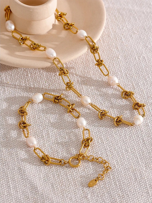 Natural pearl chain handmade necklace bracelet set - product image