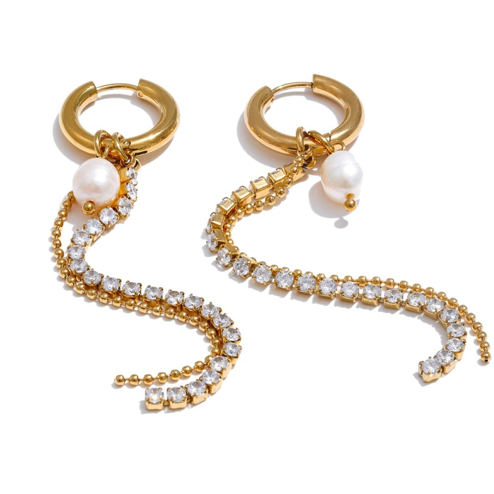 Natural pearl cubic zirconia tassel drop earrings - product image