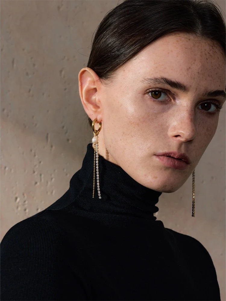 Natural pearl cubic zirconia tassel drop earrings - product image