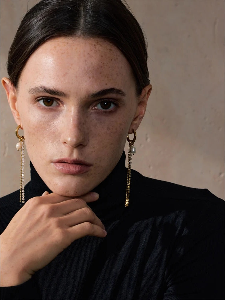 Natural pearl cubic zirconia tassel drop earrings - product image