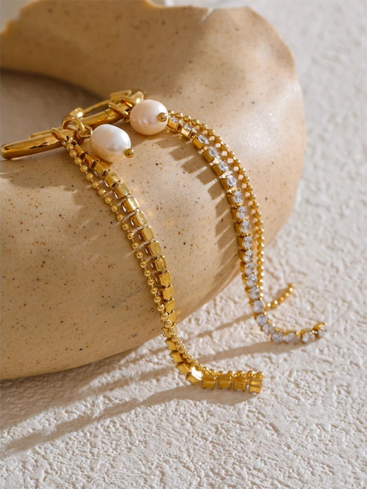 Natural pearl cubic zirconia tassel drop earrings - product image