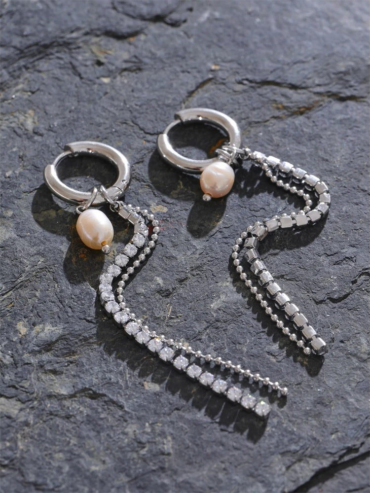 Natural pearl cubic zirconia tassel drop earrings - product image