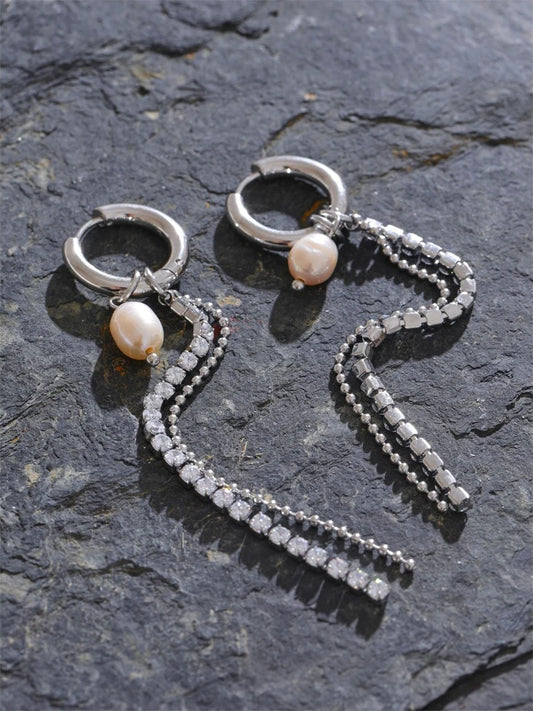 Natural pearl cubic zirconia tassel drop earrings - product image