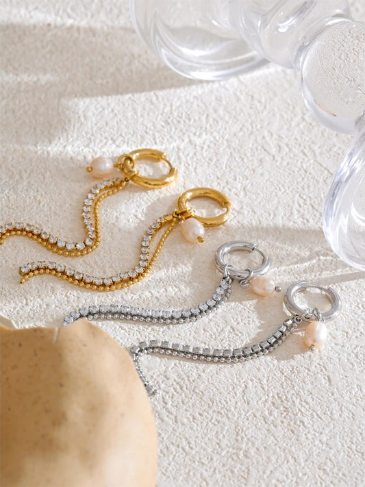 Natural pearl cubic zirconia tassel drop earrings - product image
