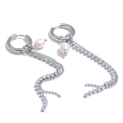 Natural pearl cubic zirconia tassel drop earrings - product image