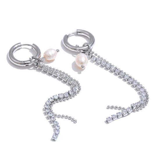 Natural pearl cubic zirconia tassel drop earrings - product image