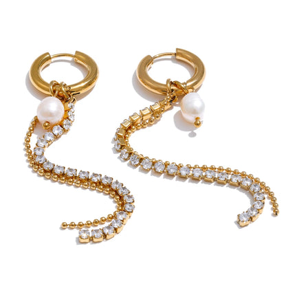 Natural pearl cubic zirconia tassel drop earrings - product image