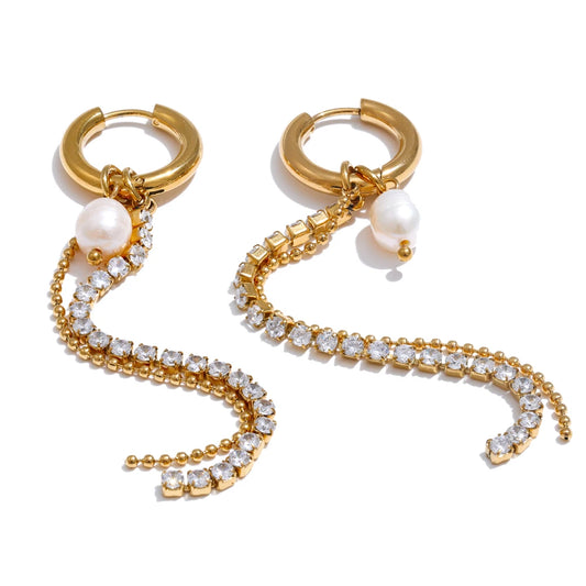 Natural pearl cubic zirconia tassel drop earrings - product image