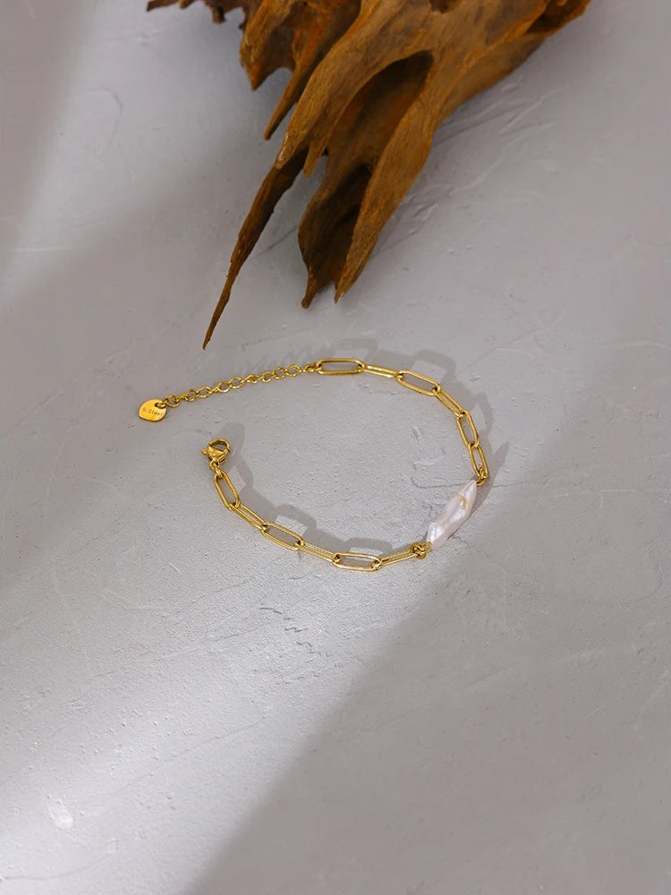 Natural pearl link chain charm bracelet - product image