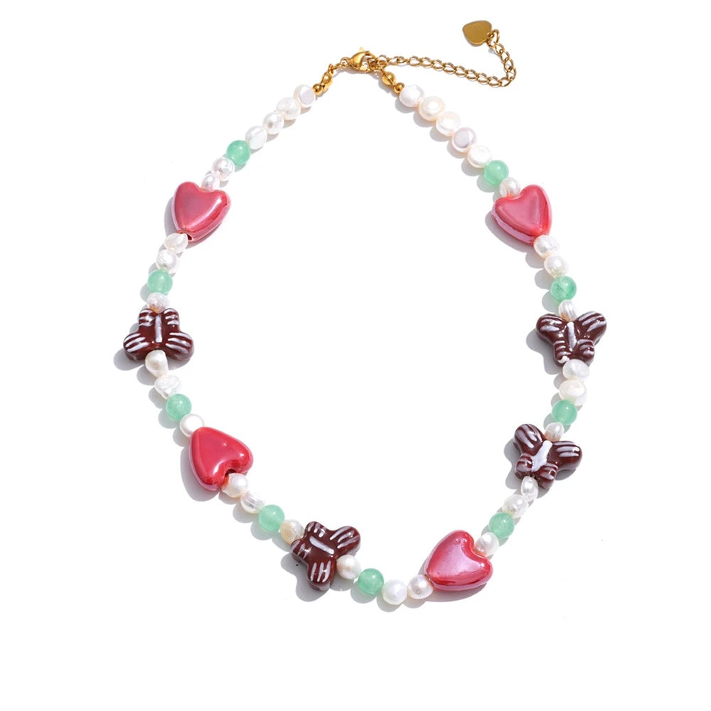 Natural pearl stone butterfly heart chain necklace - product image