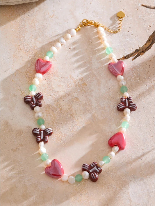 Natural pearl stone butterfly heart chain necklace - product image