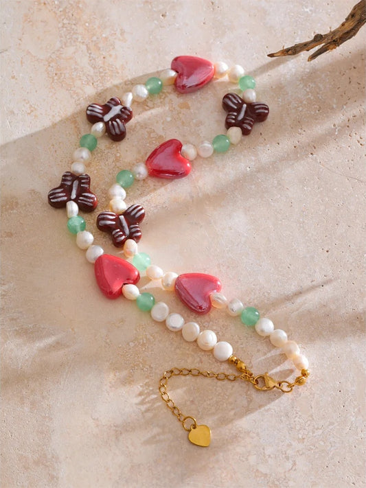 Natural pearl stone butterfly heart chain necklace - product image
