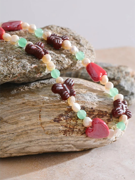 Natural pearl stone butterfly heart chain necklace - product image