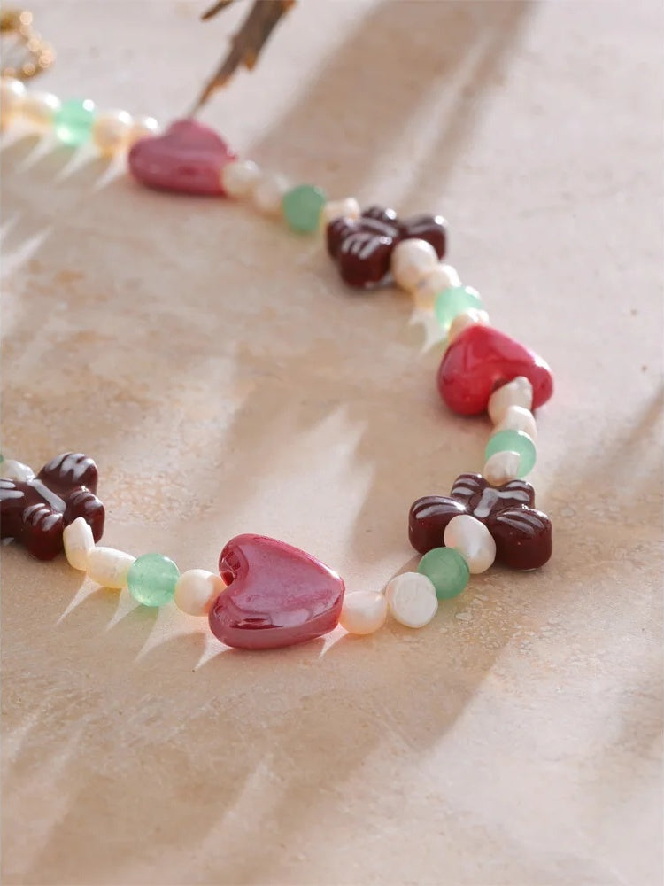 Natural pearl stone butterfly heart chain necklace - product image