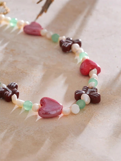 Natural pearl stone butterfly heart chain necklace - product image