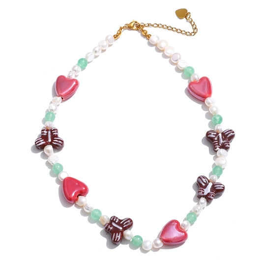 Natural pearl stone butterfly heart chain necklace - product image