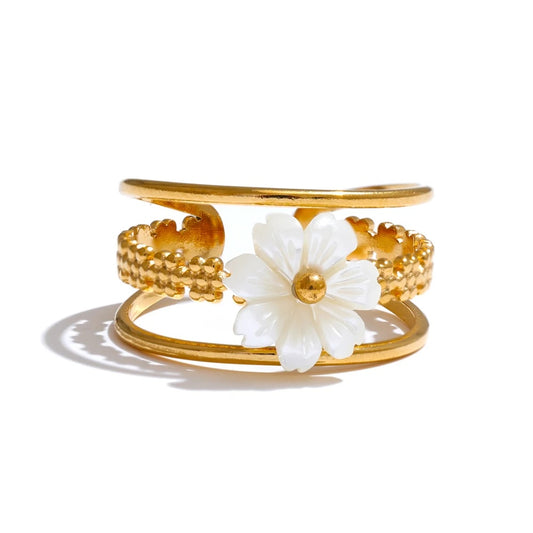 Natural shell flower hollow open fashion ring - product image