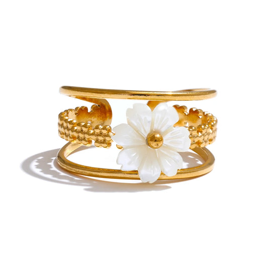 Natural shell flower hollow open fashion ring - product image