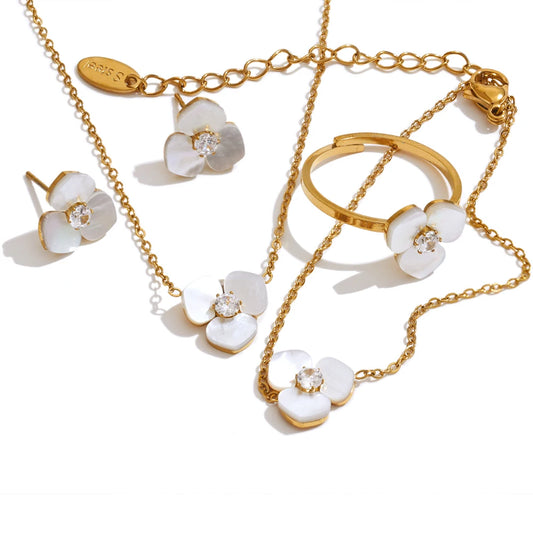 Natural shell flower necklace earrings ring bracelet set - product image