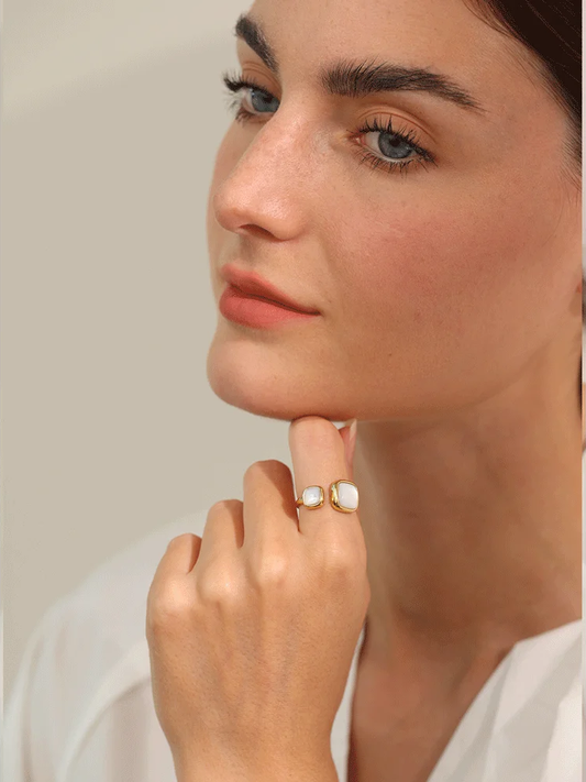 Natural shell square gold color fashion ring - product image