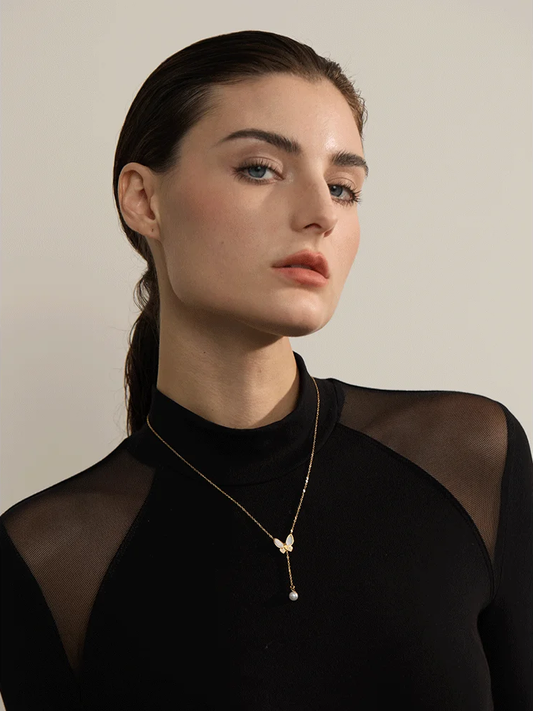 Natural shell zircon butterfly pendant necklace - product image