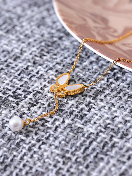Natural shell zircon butterfly pendant necklace - product image