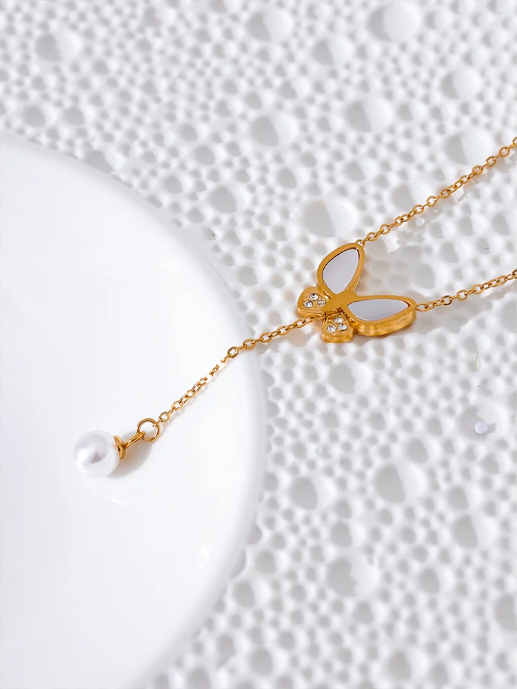 Natural shell zircon butterfly pendant necklace - product image