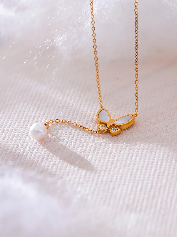 Natural shell zircon butterfly pendant necklace - product image
