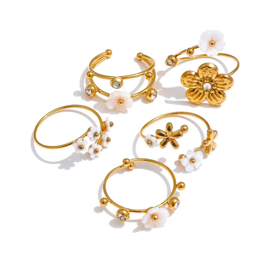 Natural shell zircon flower adjustable open ring - product image