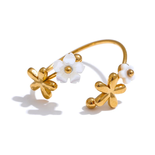 Natural shell zircon flower adjustable open ring - product image