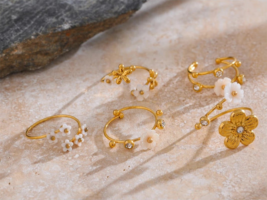 Natural shell zircon flower adjustable open ring - product image