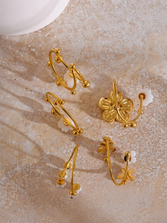 Natural shell zircon flower adjustable open ring - product image