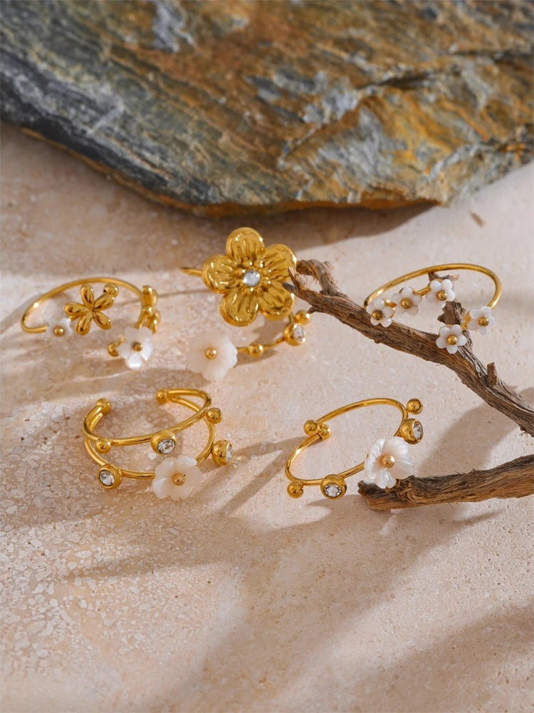 Natural shell zircon flower adjustable open ring - product image