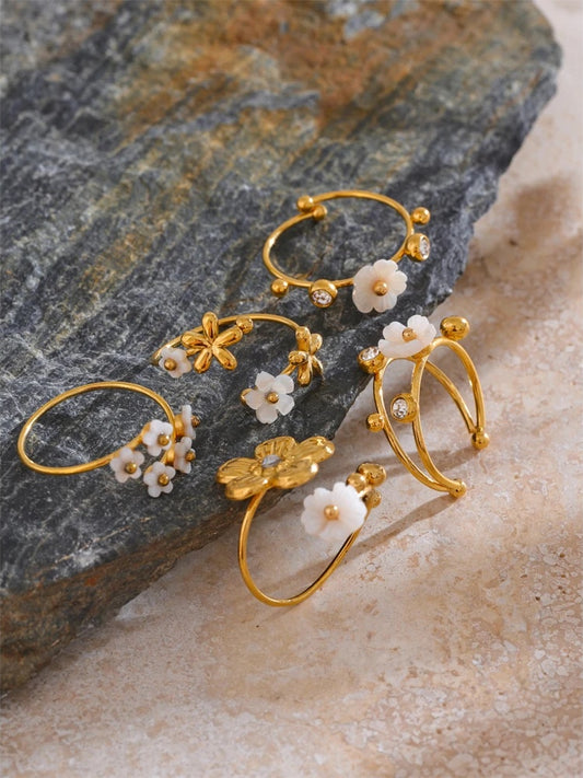 Natural shell zircon flower adjustable open ring - product image