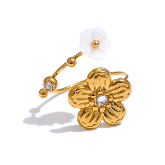 Natural shell zircon flower adjustable open ring - product image