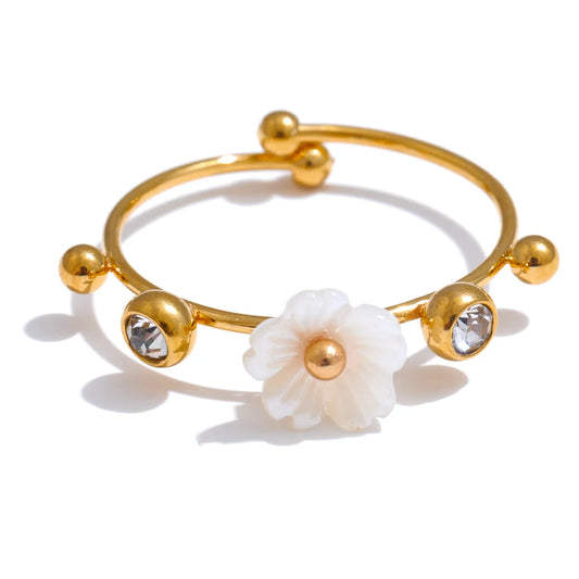 Natural shell zircon flower adjustable open ring - product image