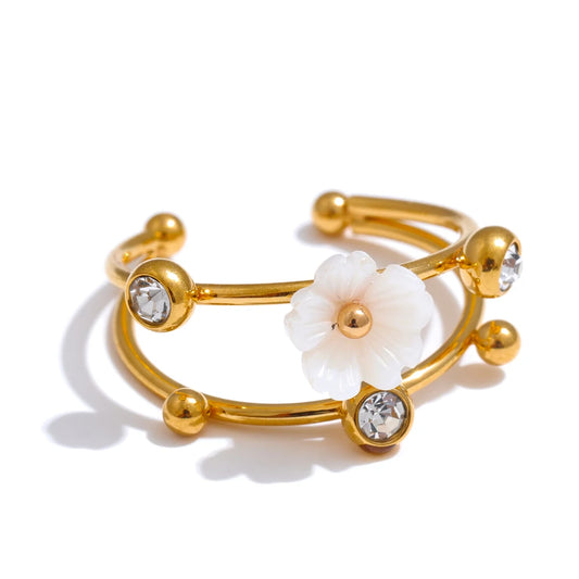 Natural shell zircon flower adjustable open ring - product image