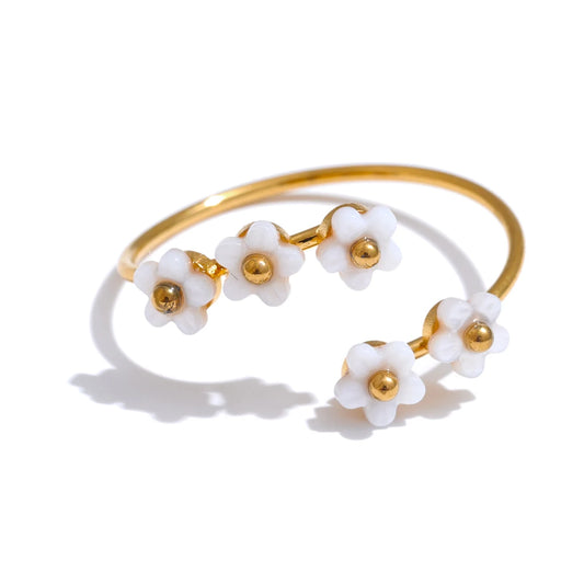 Natural shell zircon flower adjustable open ring - product image