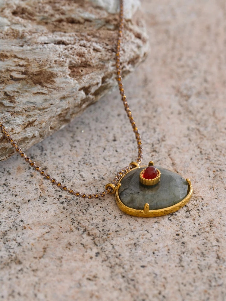 Natural spectrolite agate oval pendant necklace - product image