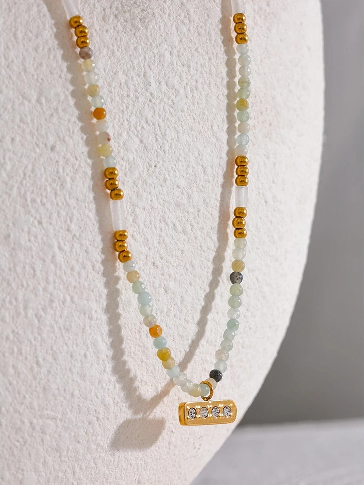 Natural stone beads square zircon pendant necklace - product image