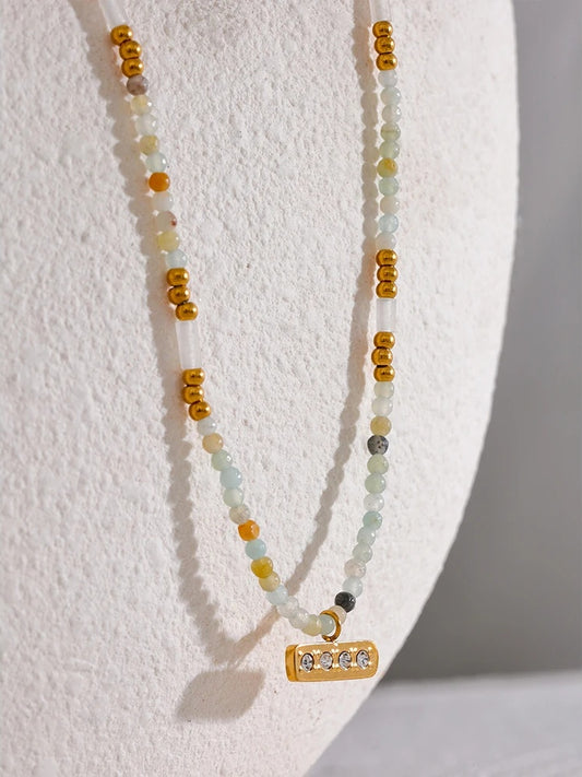 Natural stone beads square zircon pendant necklace - product image