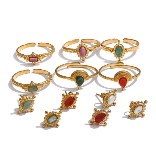 Natural stone cast stud earrings ring set - product image