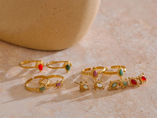 Natural stone cast stud earrings ring set - product image