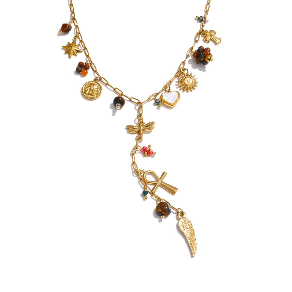 Natural stone dragonfly wing cross heart necklace - product image