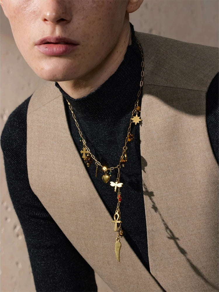 Natural stone dragonfly wing cross heart necklace - product image