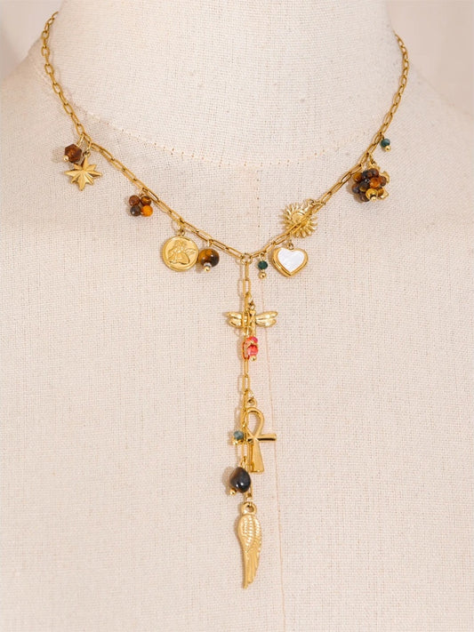 Natural stone dragonfly wing cross heart necklace - product image