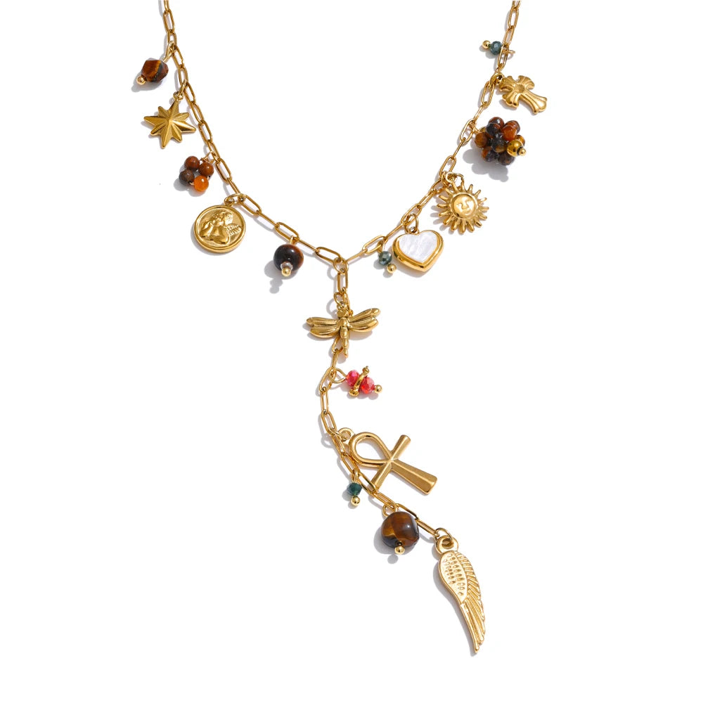 Natural stone dragonfly wing cross heart necklace - product image